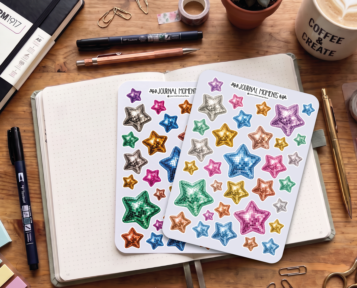 Pegatinas decorativas para diario / Hoja de pegatinas de estrellas disco ball para  junk journaling, scrapbooking, paneles de visión y estética Y2K.