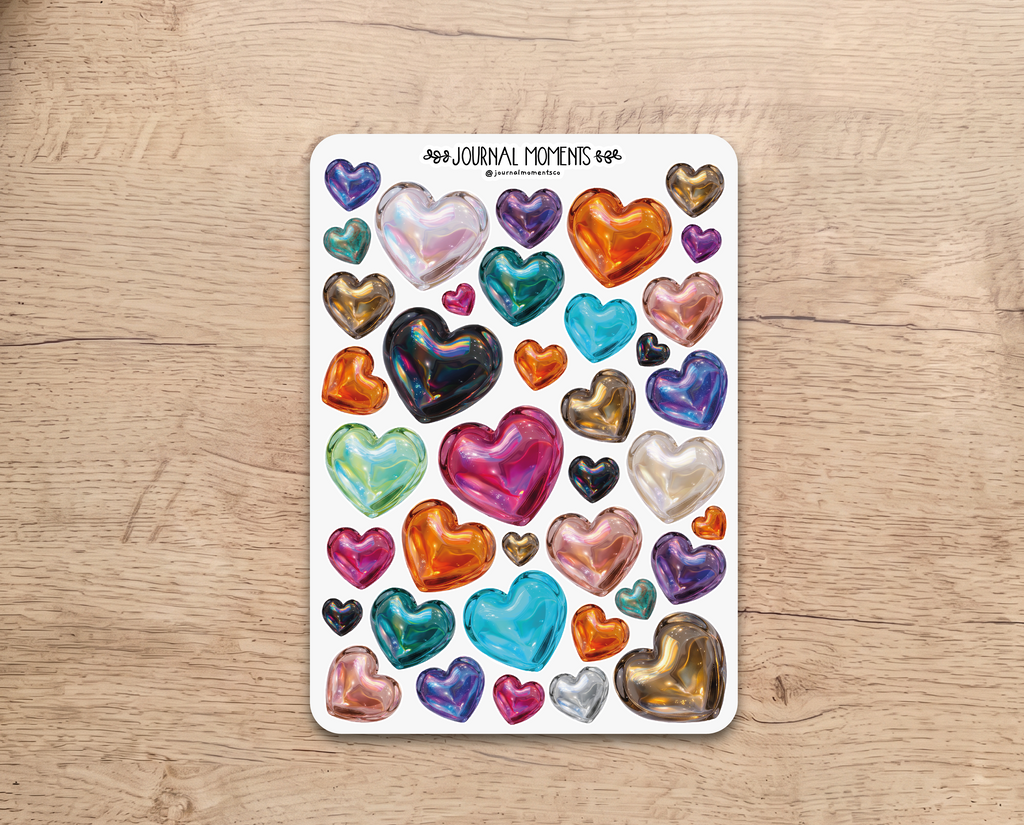 Pegatinas decorativas para diario / Hoja de pegatinas de corazones iridiscentes para junk journaling, scrapbooking, paneles de visión y estética Y2K.