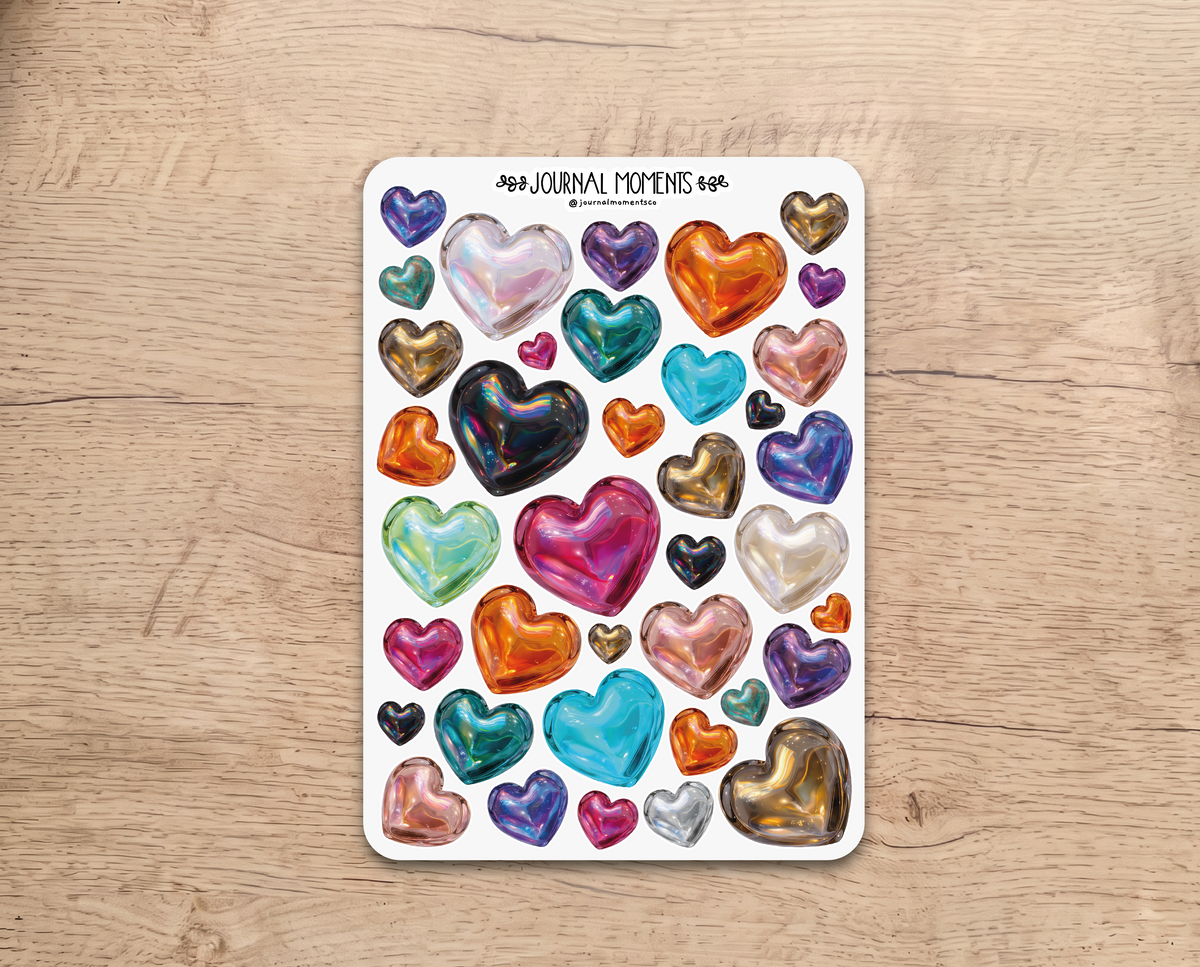Pegatinas decorativas para diario / Hoja de pegatinas de corazones iridiscentes para junk journaling, scrapbooking, paneles de visión y estética Y2K.