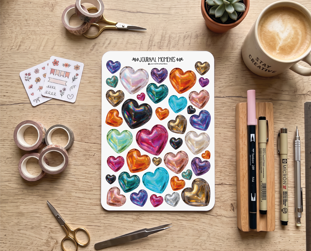 Pegatinas decorativas para diario / Hoja de pegatinas de corazones iridiscentes para junk journaling, scrapbooking, paneles de visión y estética Y2K.