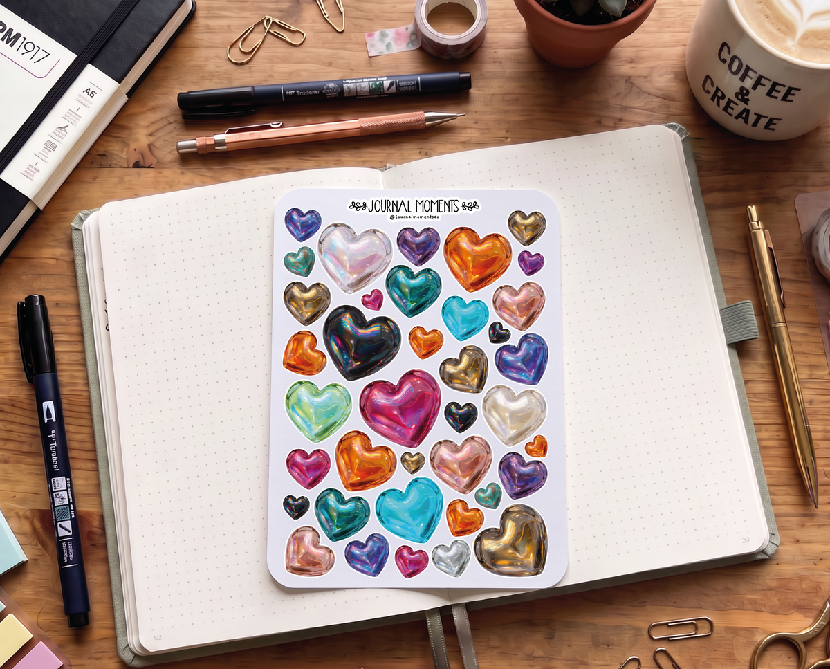 Pegatinas decorativas para diario / Hoja de pegatinas de corazones iridiscentes para junk journaling, scrapbooking, paneles de visión y estética Y2K.