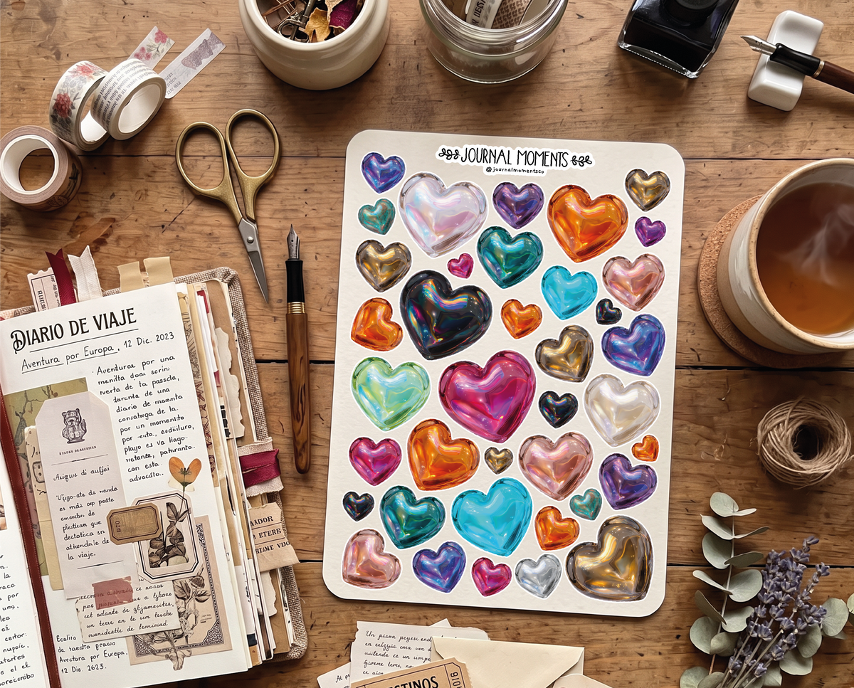 Pegatinas decorativas para diario / Hoja de pegatinas de corazones iridiscentes para junk journaling, scrapbooking, paneles de visión y estética Y2K.