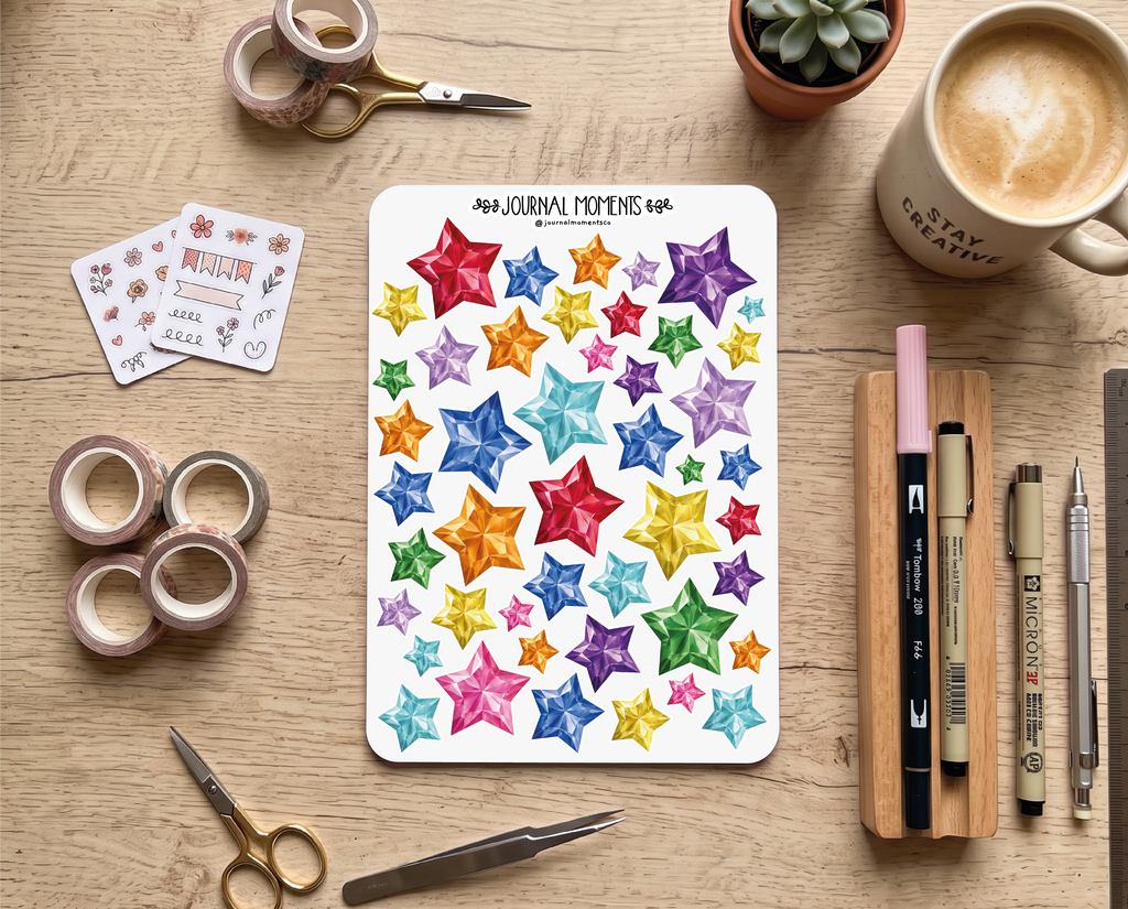 Pegatinas decorativas para diario / Hoja de pegatinas de estrellas de diamante para junk journaling, scrapbooking, paneles de visión y estética Y2K.