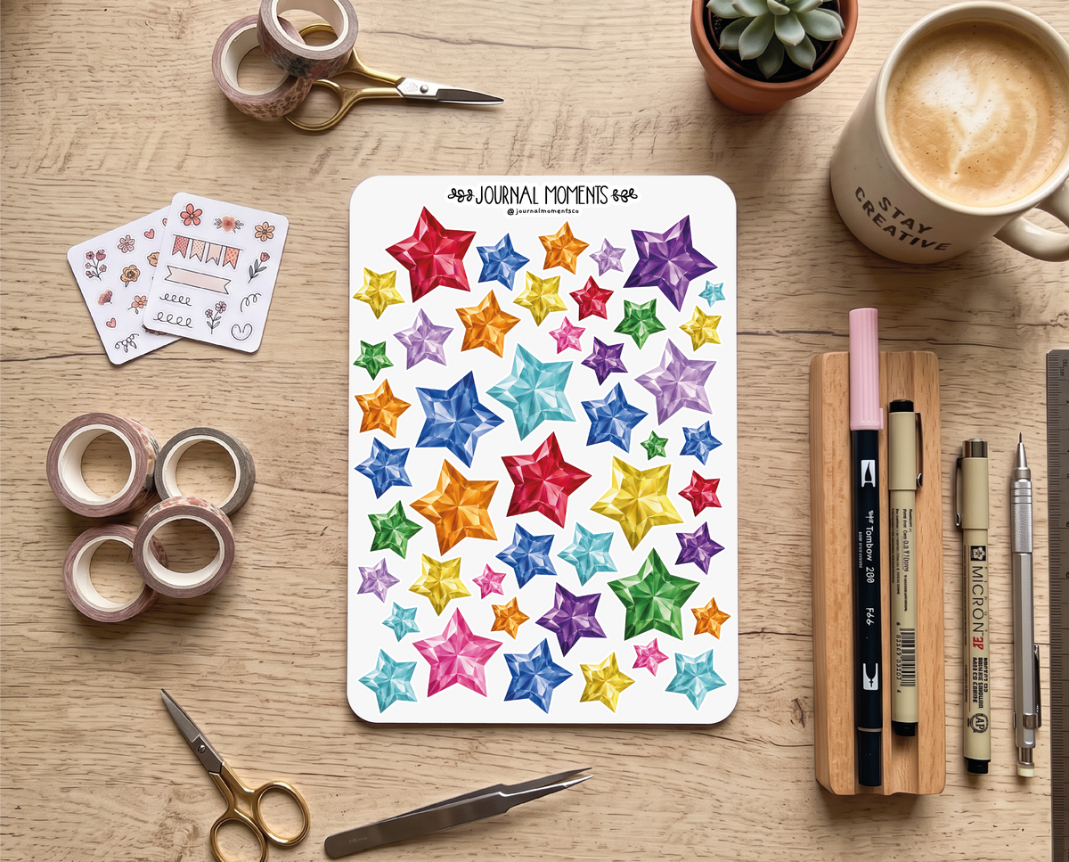 Pegatinas decorativas para diario / Hoja de pegatinas de estrellas de diamante para junk journaling, scrapbooking, paneles de visión y estética Y2K.