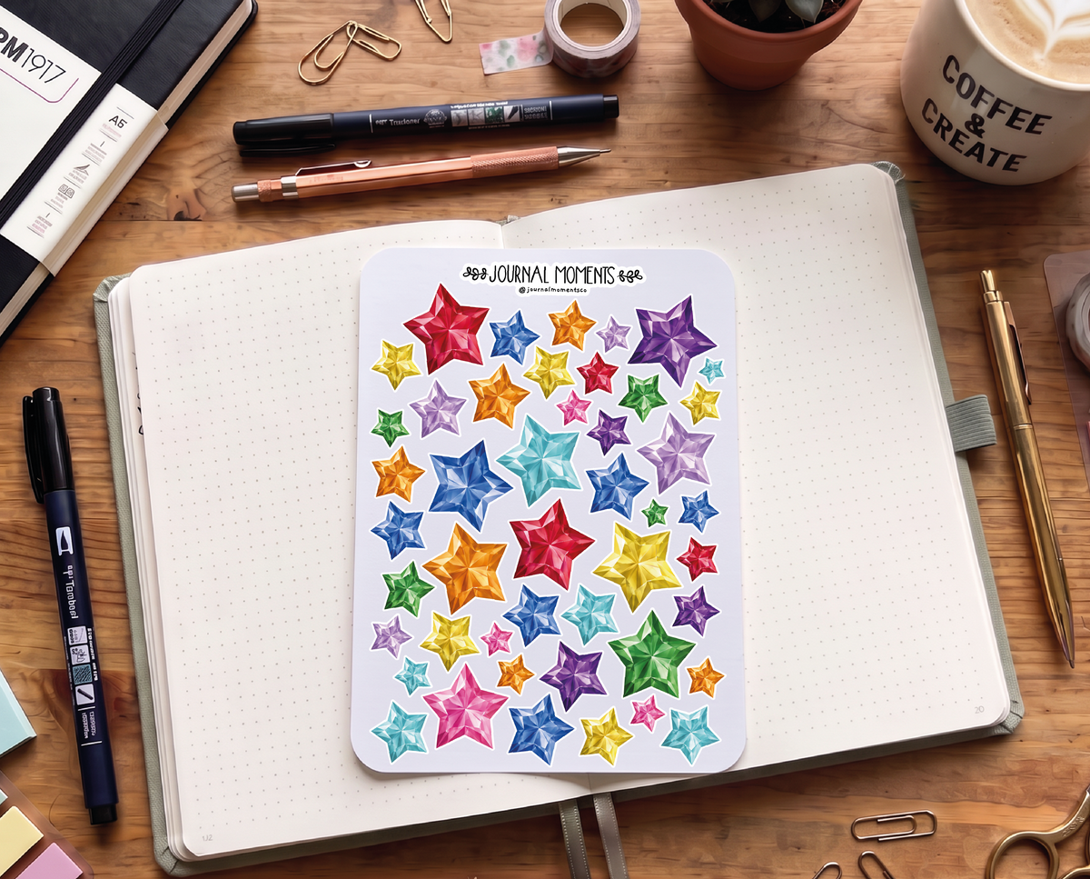 Pegatinas decorativas para diario / Hoja de pegatinas de estrellas de diamante para junk journaling, scrapbooking, paneles de visión y estética Y2K.