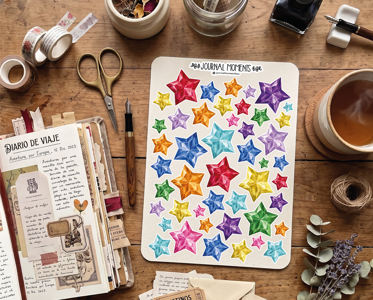 Pegatinas decorativas para diario / Hoja de pegatinas de estrellas de diamante para junk journaling, scrapbooking, paneles de visión y estética Y2K.