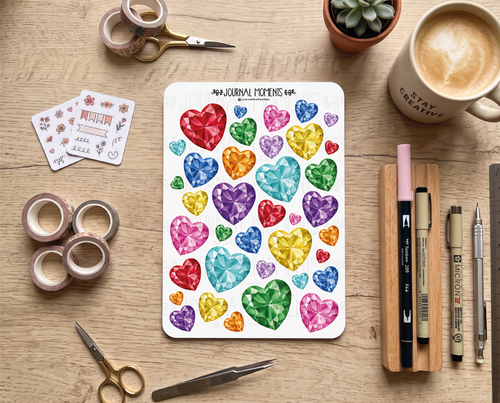 Pegatinas decorativas para diario / Hoja de pegatinas de corazones de diamante para junk journaling, scrapbooking, paneles de visión y estética Y2K.