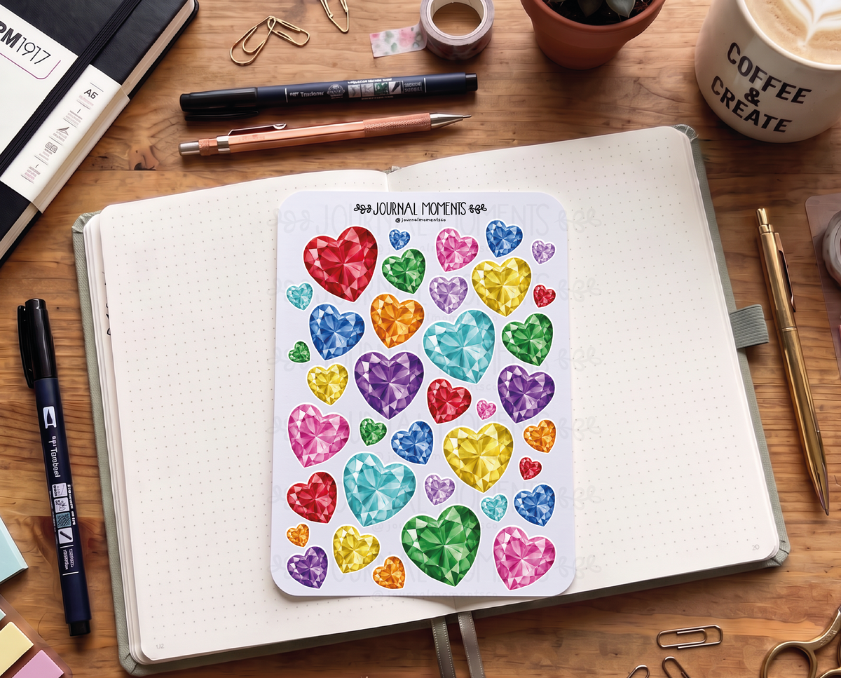 Pegatinas decorativas para diario / Hoja de pegatinas de corazones de diamante para junk journaling, scrapbooking, paneles de visión y estética Y2K.
