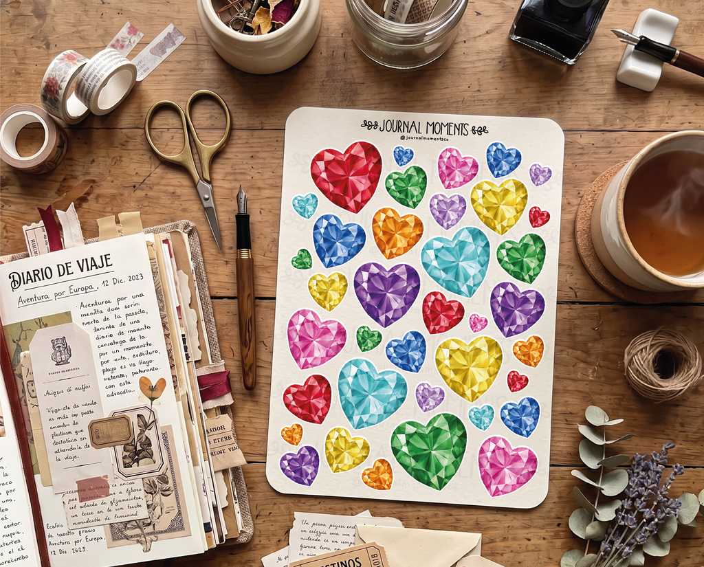 Pegatinas decorativas para diario / Hoja de pegatinas de corazones de diamante para junk journaling, scrapbooking, paneles de visión y estética Y2K.