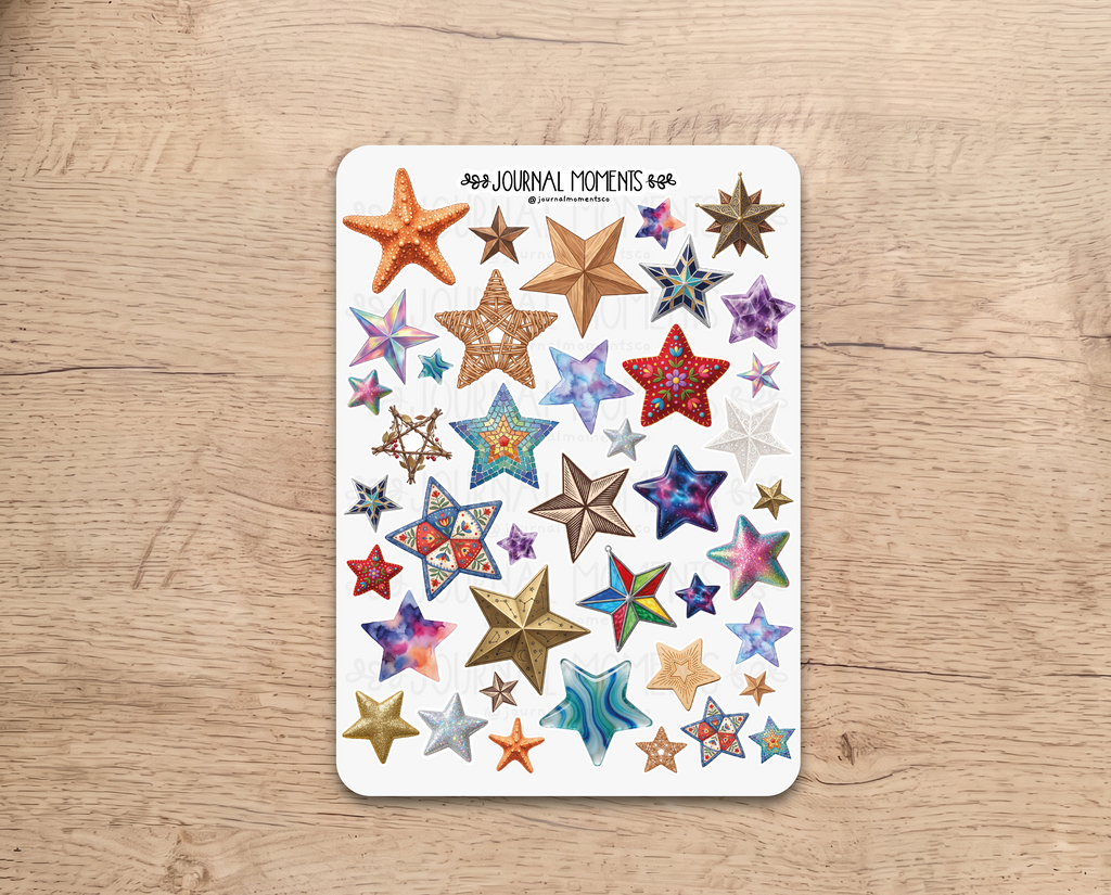 Pegatinas decorativas para diario / Hoja de pegatinas de estrellas y adornos para junk journaling, scrapbooking, paneles de visión y estética Y2K.