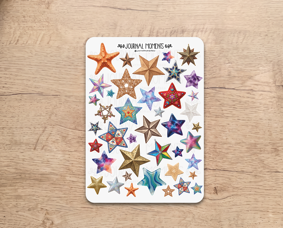 Pegatinas decorativas para diario / Hoja de pegatinas de estrellas y adornos para junk journaling, scrapbooking, paneles de visión y estética Y2K.