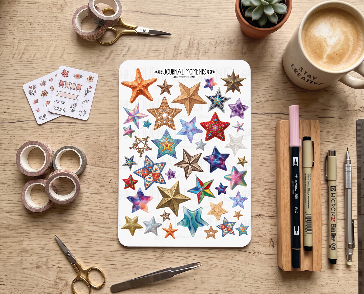 Pegatinas decorativas para diario / Hoja de pegatinas de estrellas y adornos para junk journaling, scrapbooking, paneles de visión y estética Y2K.