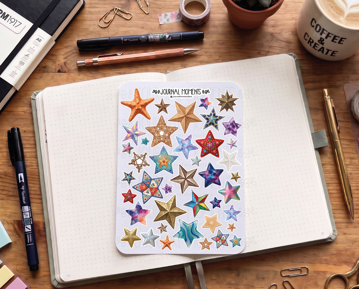 Pegatinas decorativas para diario / Hoja de pegatinas de estrellas y adornos para junk journaling, scrapbooking, paneles de visión y estética Y2K.