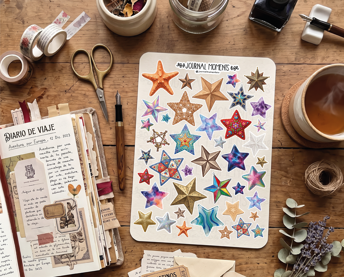 Pegatinas decorativas para diario / Hoja de pegatinas de estrellas y adornos para junk journaling, scrapbooking, paneles de visión y estética Y2K.