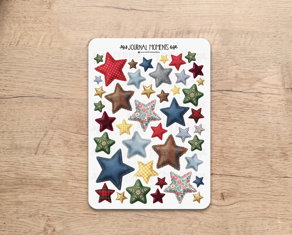 Pegatinas decorativas para diario / Hoja de pegatinas de estrellas de tela para junk journaling, scrapbooking, paneles de visión y estética Y2K.