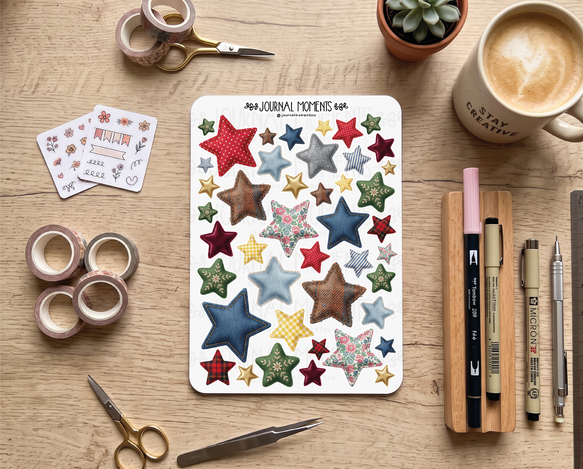 Pegatinas decorativas para diario / Hoja de pegatinas de estrellas de tela para junk journaling, scrapbooking, paneles de visión y estética Y2K.
