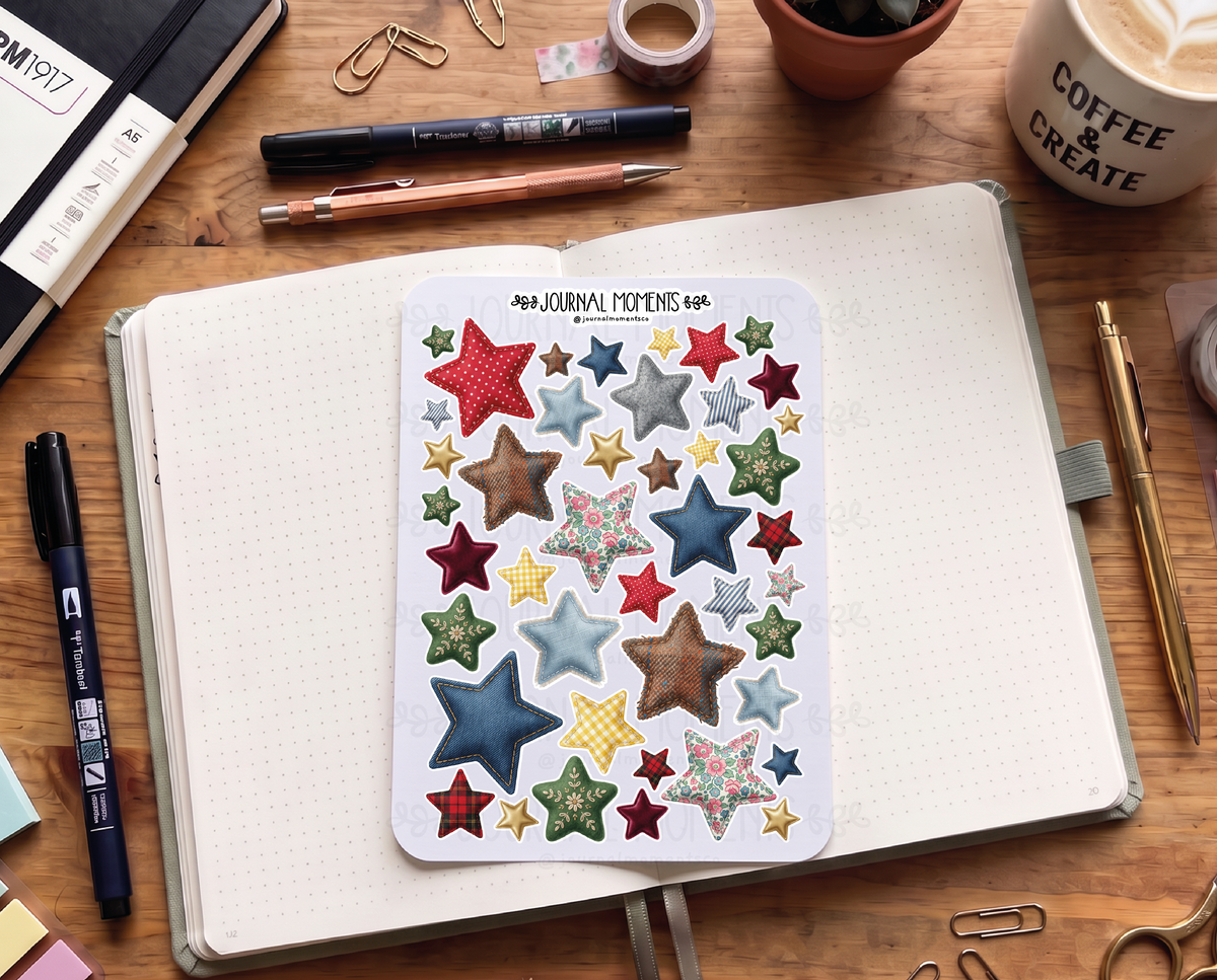 Pegatinas decorativas para diario / Hoja de pegatinas de estrellas de tela para junk journaling, scrapbooking, paneles de visión y estética Y2K.