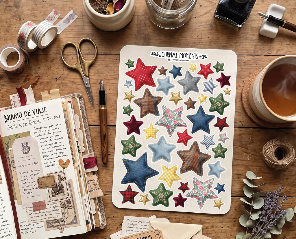 Pegatinas decorativas para diario / Hoja de pegatinas de estrellas de tela para junk journaling, scrapbooking, paneles de visión y estética Y2K.