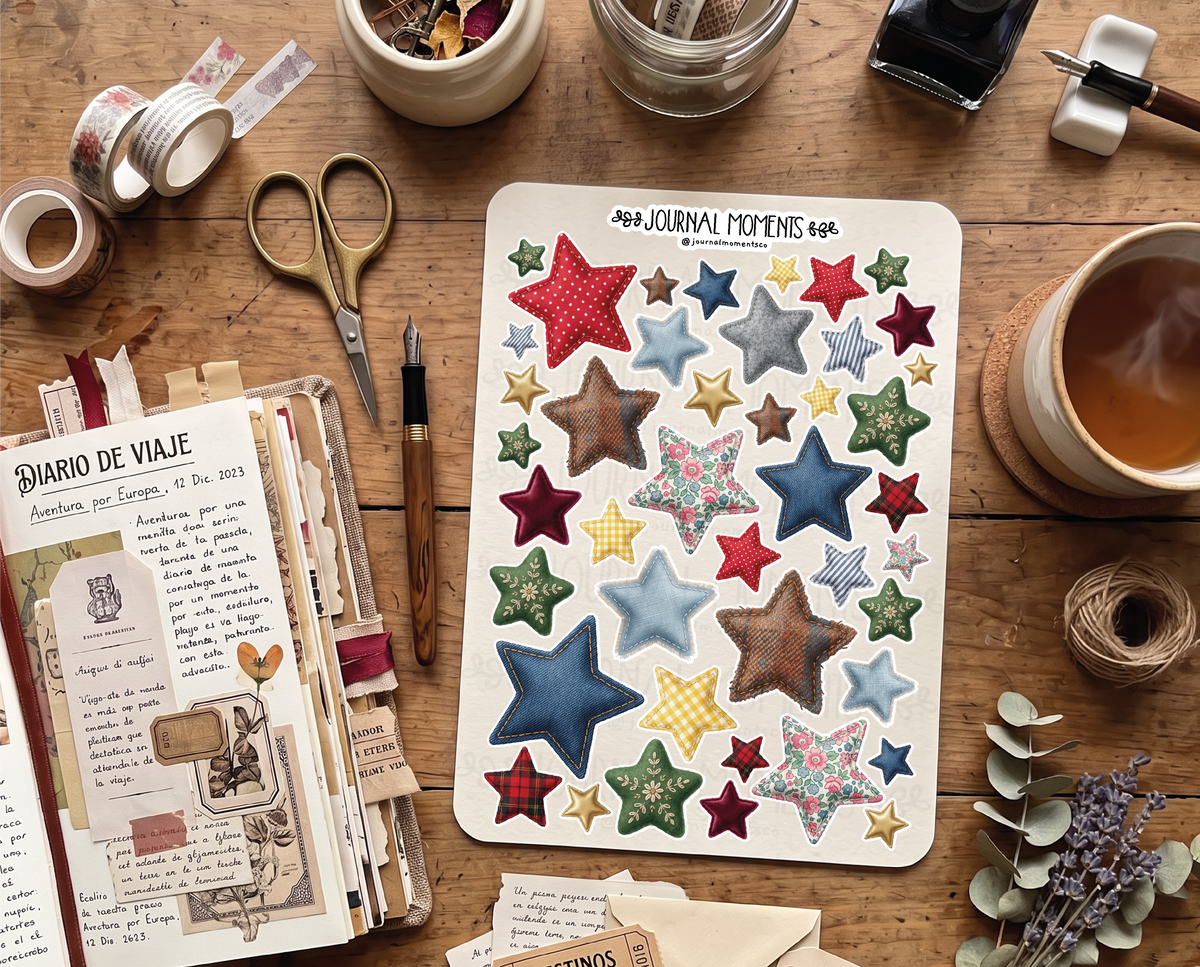 Pegatinas decorativas para diario / Hoja de pegatinas de estrellas de tela para junk journaling, scrapbooking, paneles de visión y estética Y2K.