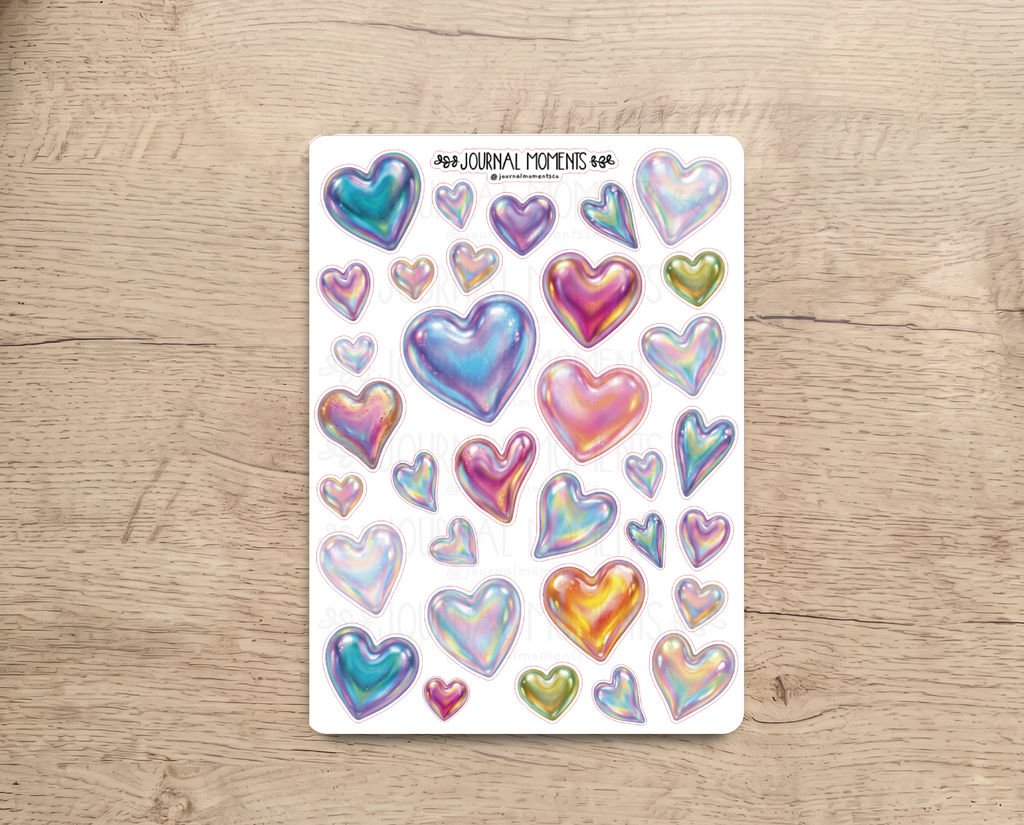 Pegatinas decorativas para diario / Hoja de pegatinas de Corazones iridiscentes para junk journaling, scrapbooking, paneles de visión y estética Y2K.