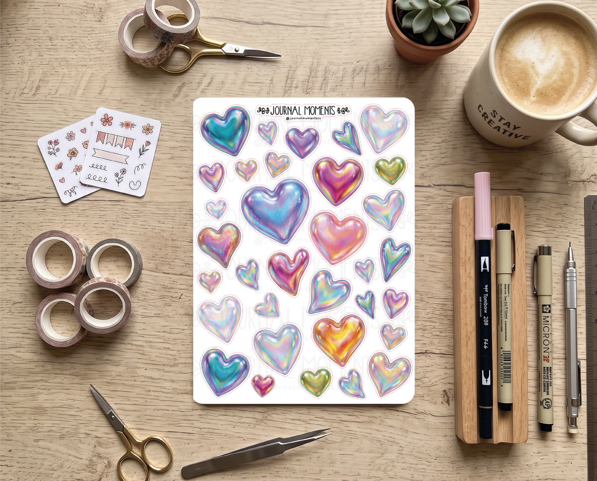 Pegatinas decorativas para diario / Hoja de pegatinas de Corazones iridiscentes para junk journaling, scrapbooking, paneles de visión y estética Y2K.