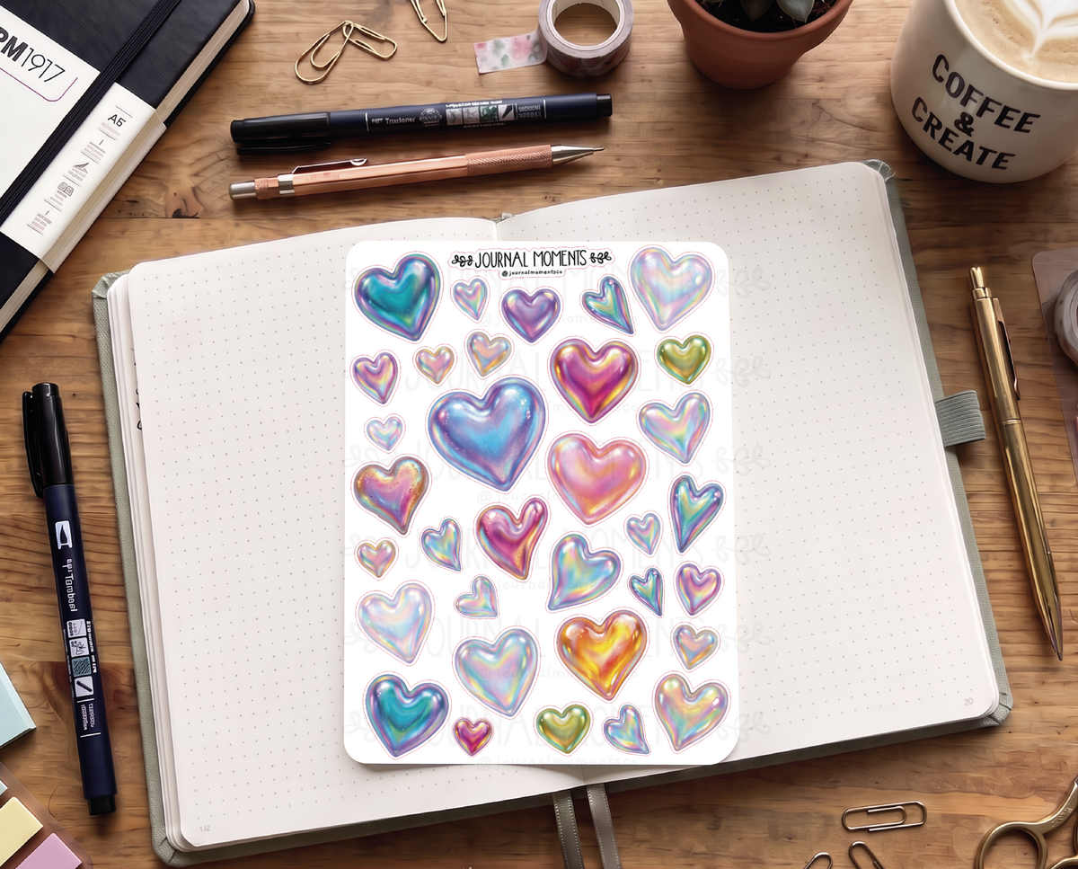 Pegatinas decorativas para diario / Hoja de pegatinas de Corazones iridiscentes para junk journaling, scrapbooking, paneles de visión y estética Y2K.