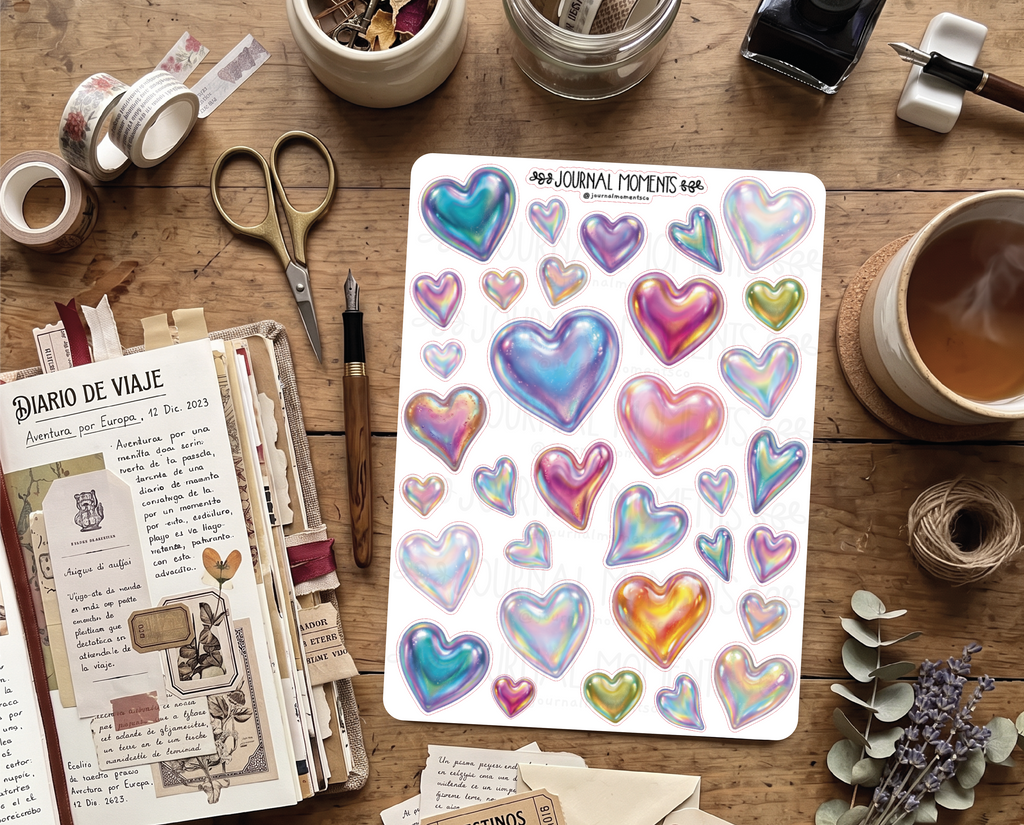 Pegatinas decorativas para diario / Hoja de pegatinas de Corazones iridiscentes para junk journaling, scrapbooking, paneles de visión y estética Y2K.