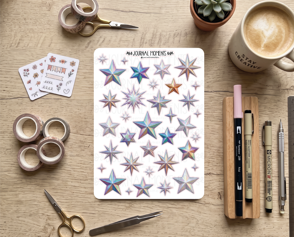 Pegatinas decorativas para diario / Hoja de pegatinas de estrellas y adornos para junk journaling, scrapbooking, paneles de visión y estética Y2K.