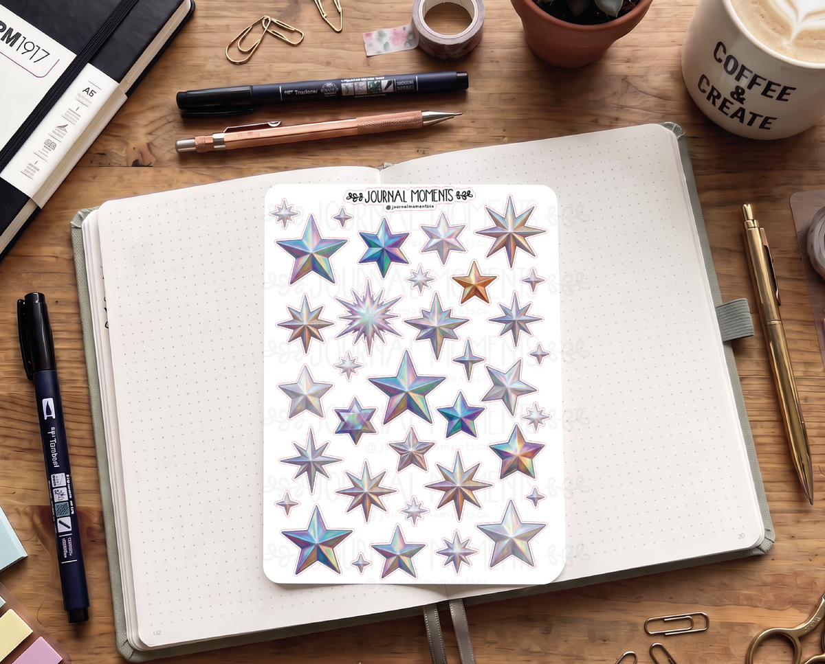 Pegatinas decorativas para diario / Hoja de pegatinas de estrellas y adornos para junk journaling, scrapbooking, paneles de visión y estética Y2K.