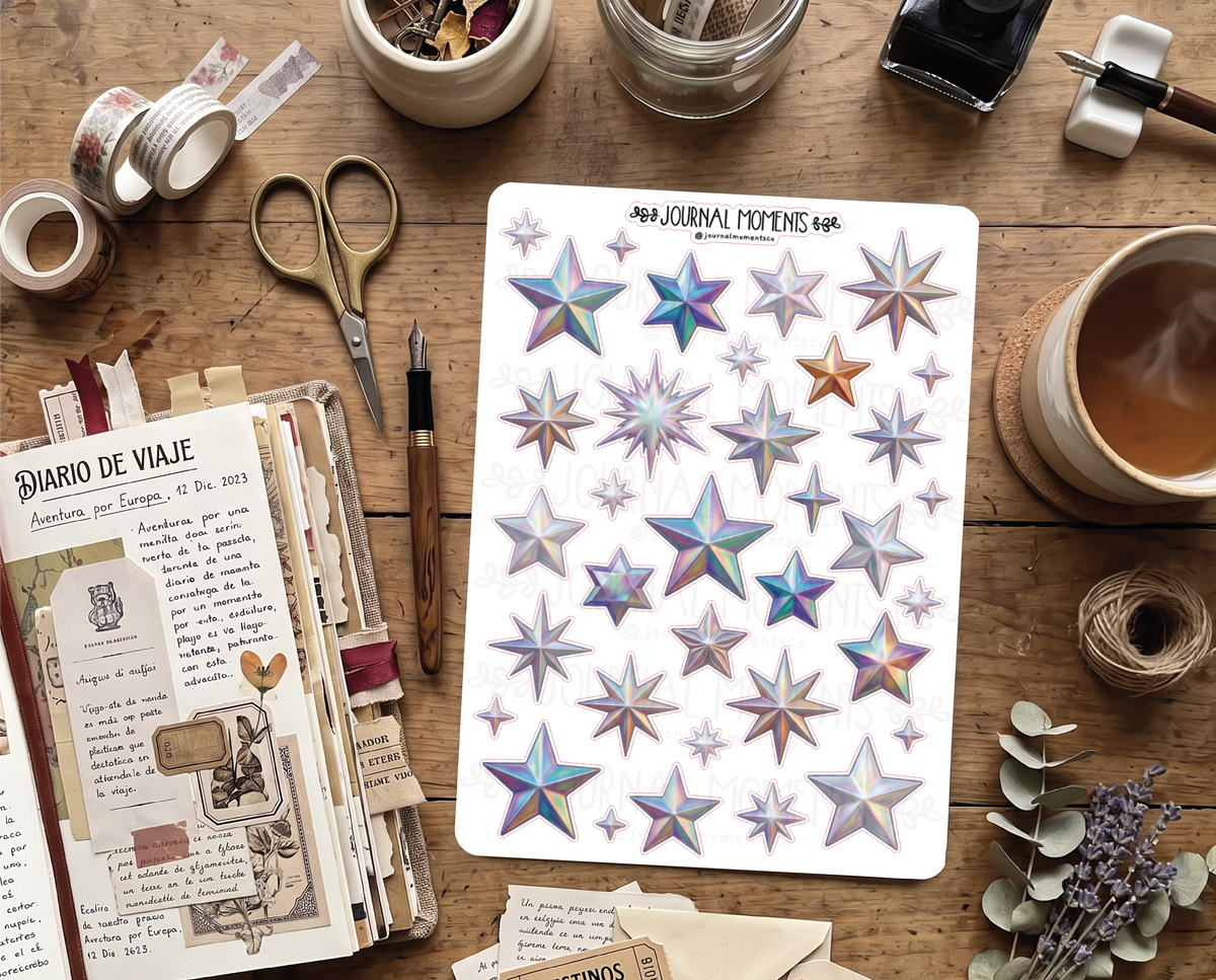 Pegatinas decorativas para diario / Hoja de pegatinas de estrellas y adornos para junk journaling, scrapbooking, paneles de visión y estética Y2K.