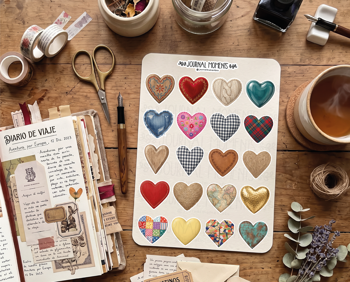 Pegatinas decorativas para diario / Hoja de pegatinas de corazones para junk journaling, scrapbooking, paneles de visión y estética Y2K.