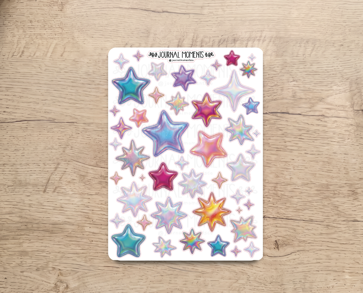 Pegatinas decorativas para diario / Hoja de pegatinas de Estrellas iridiscentes para junk journaling, scrapbooking, paneles de visión y estética Y2K.