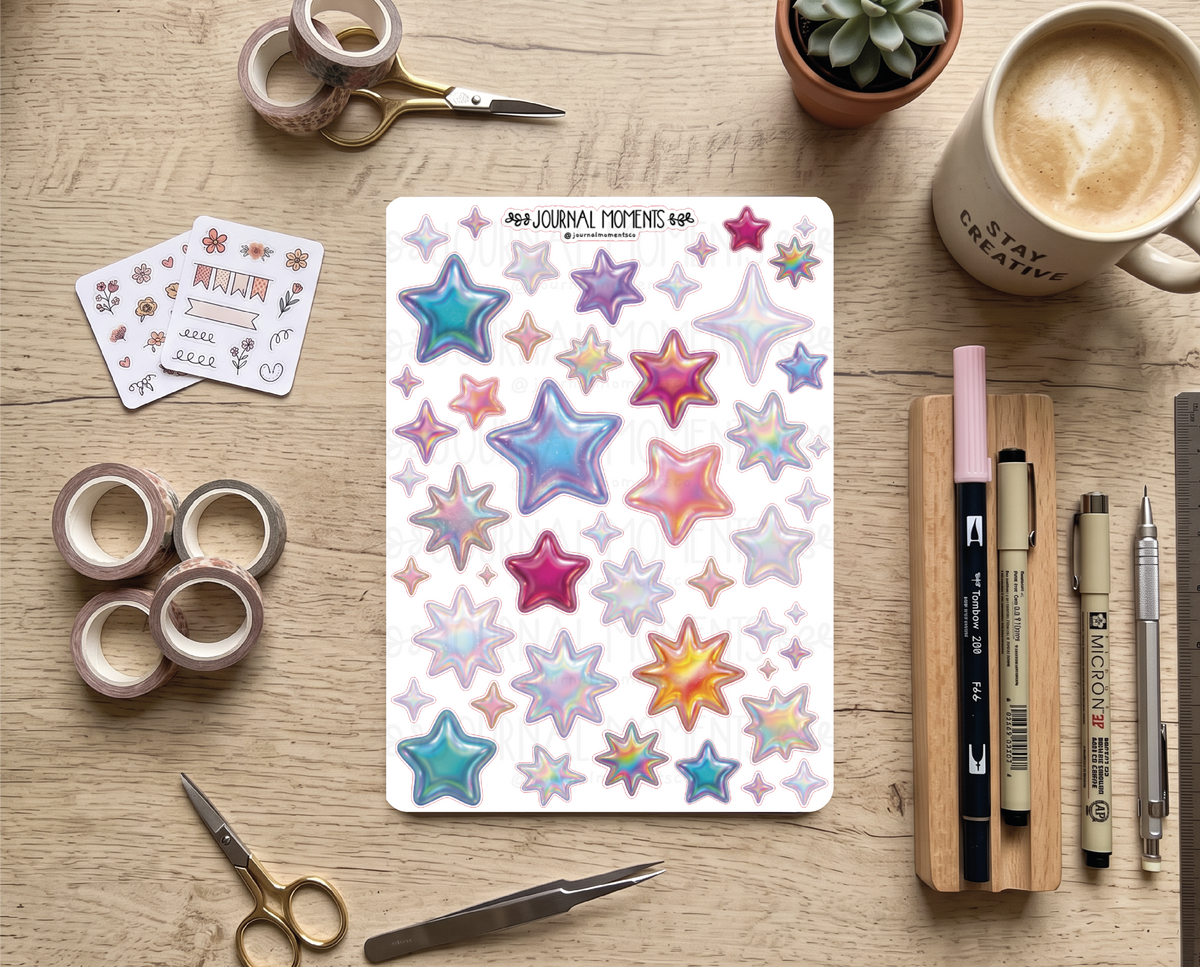 Pegatinas decorativas para diario / Hoja de pegatinas de Estrellas iridiscentes para junk journaling, scrapbooking, paneles de visión y estética Y2K.