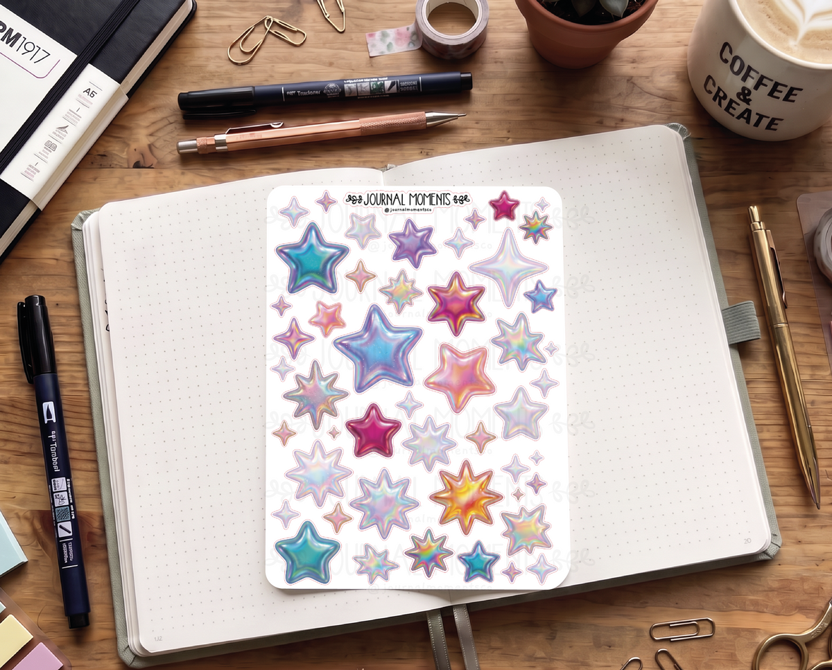 Pegatinas decorativas para diario / Hoja de pegatinas de Estrellas iridiscentes para junk journaling, scrapbooking, paneles de visión y estética Y2K.