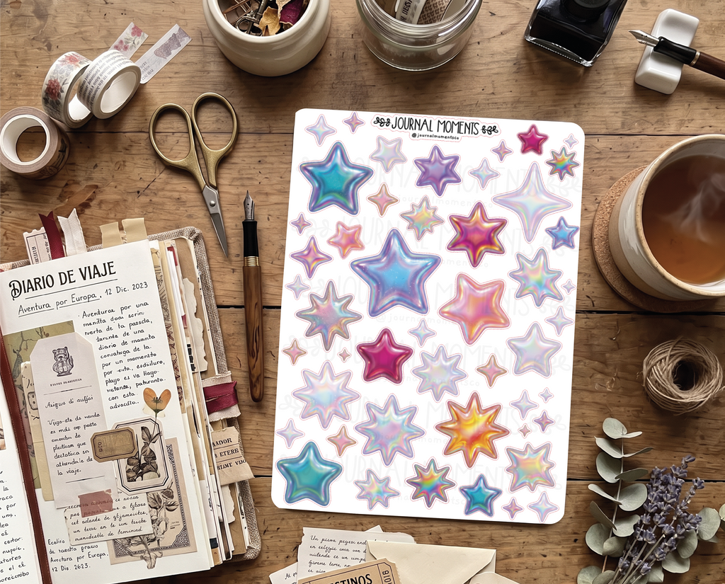 Pegatinas decorativas para diario / Hoja de pegatinas de Estrellas iridiscentes para junk journaling, scrapbooking, paneles de visión y estética Y2K.