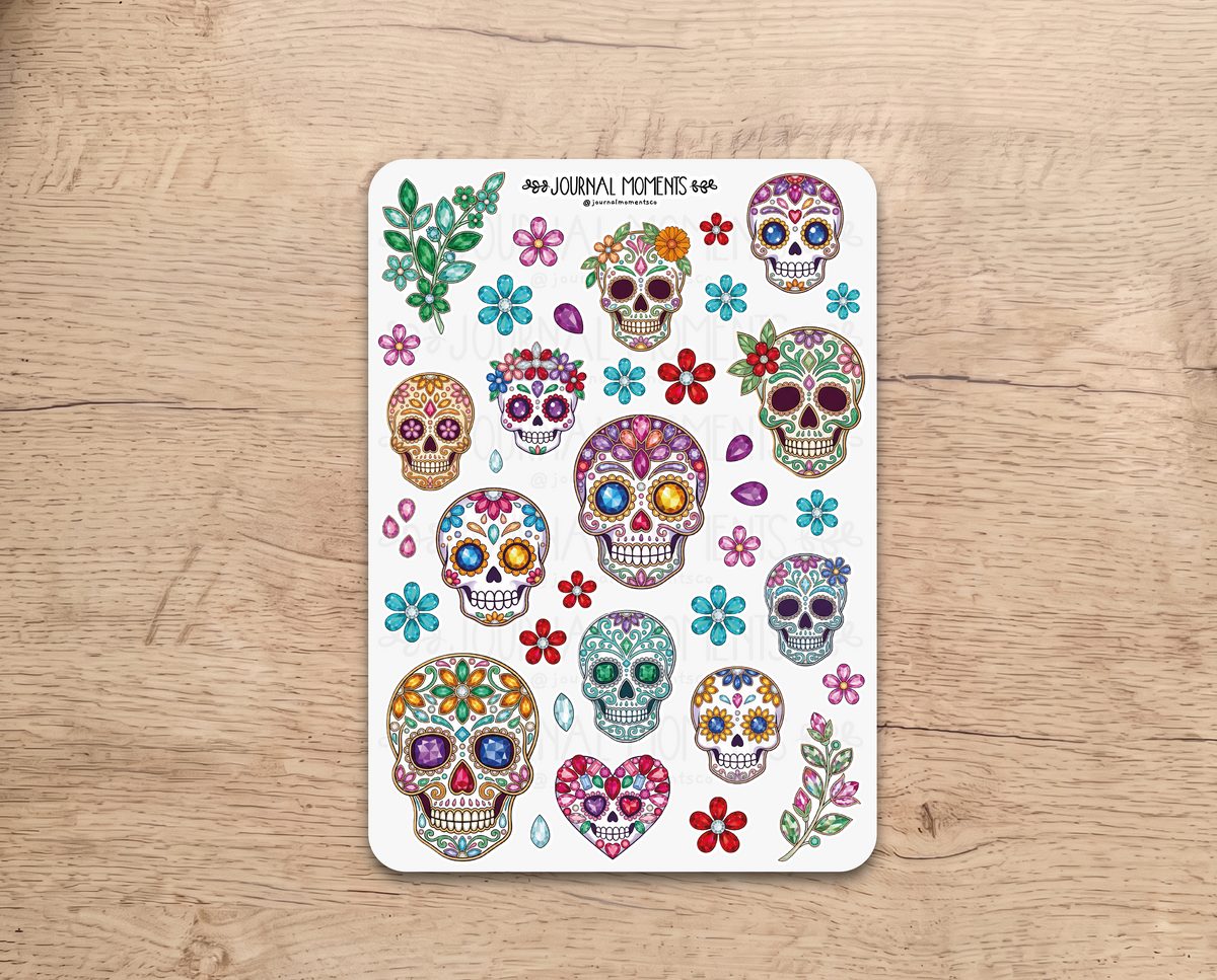 Pegatinas decorativas para diario / Hoja de pegatinas de Calaveras del día de muertos para junk journaling, scrapbooking, paneles de visión y estética Y2K.