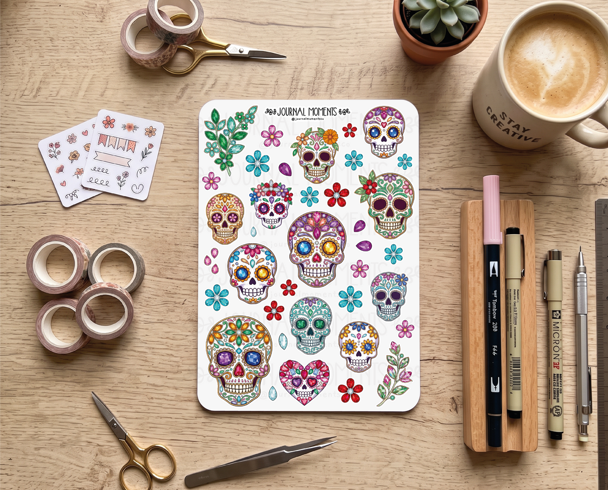 Pegatinas decorativas para diario / Hoja de pegatinas de Calaveras del día de muertos para junk journaling, scrapbooking, paneles de visión y estética Y2K.
