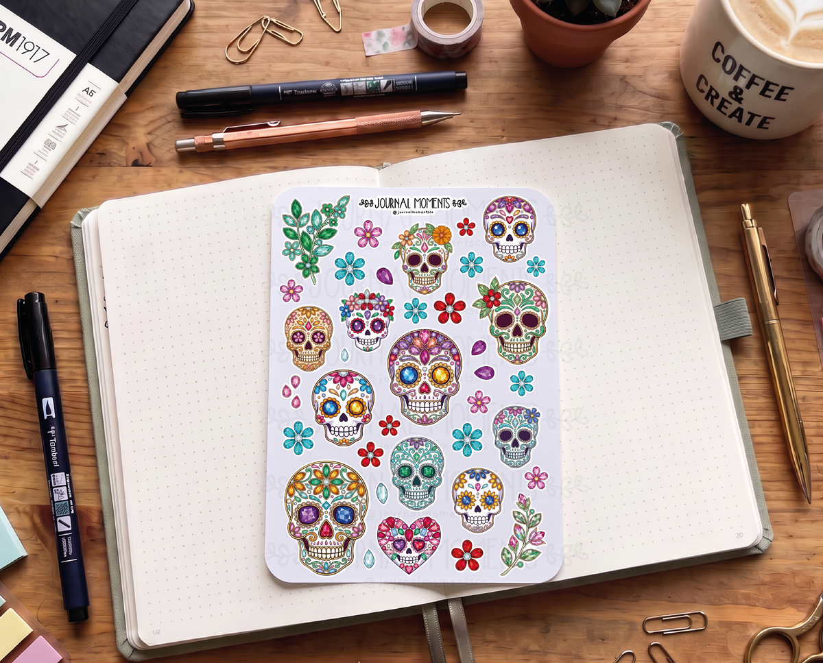 Pegatinas decorativas para diario / Hoja de pegatinas de Calaveras del día de muertos para junk journaling, scrapbooking, paneles de visión y estética Y2K.
