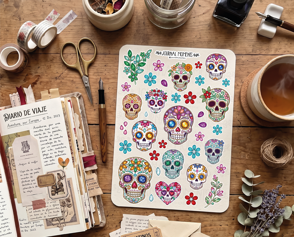Pegatinas decorativas para diario / Hoja de pegatinas de Calaveras del día de muertos para junk journaling, scrapbooking, paneles de visión y estética Y2K.