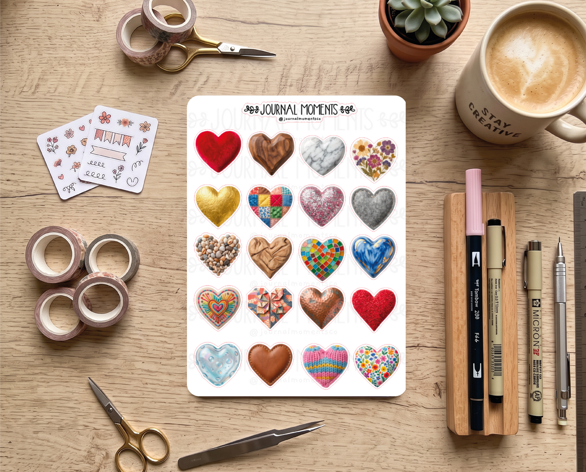 Pegatinas decorativas para diario / Hoja de pegatinas de corazones para junk journaling, scrapbooking, paneles de visión y estética Y2K.