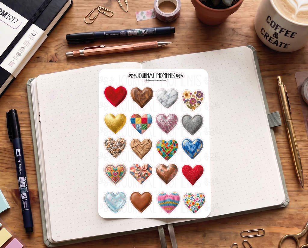Pegatinas decorativas para diario / Hoja de pegatinas de corazones para junk journaling, scrapbooking, paneles de visión y estética Y2K.