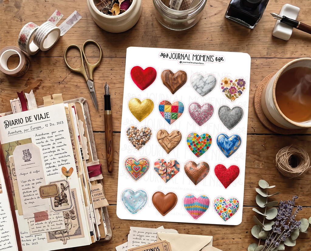Pegatinas decorativas para diario / Hoja de pegatinas de corazones para junk journaling, scrapbooking, paneles de visión y estética Y2K.