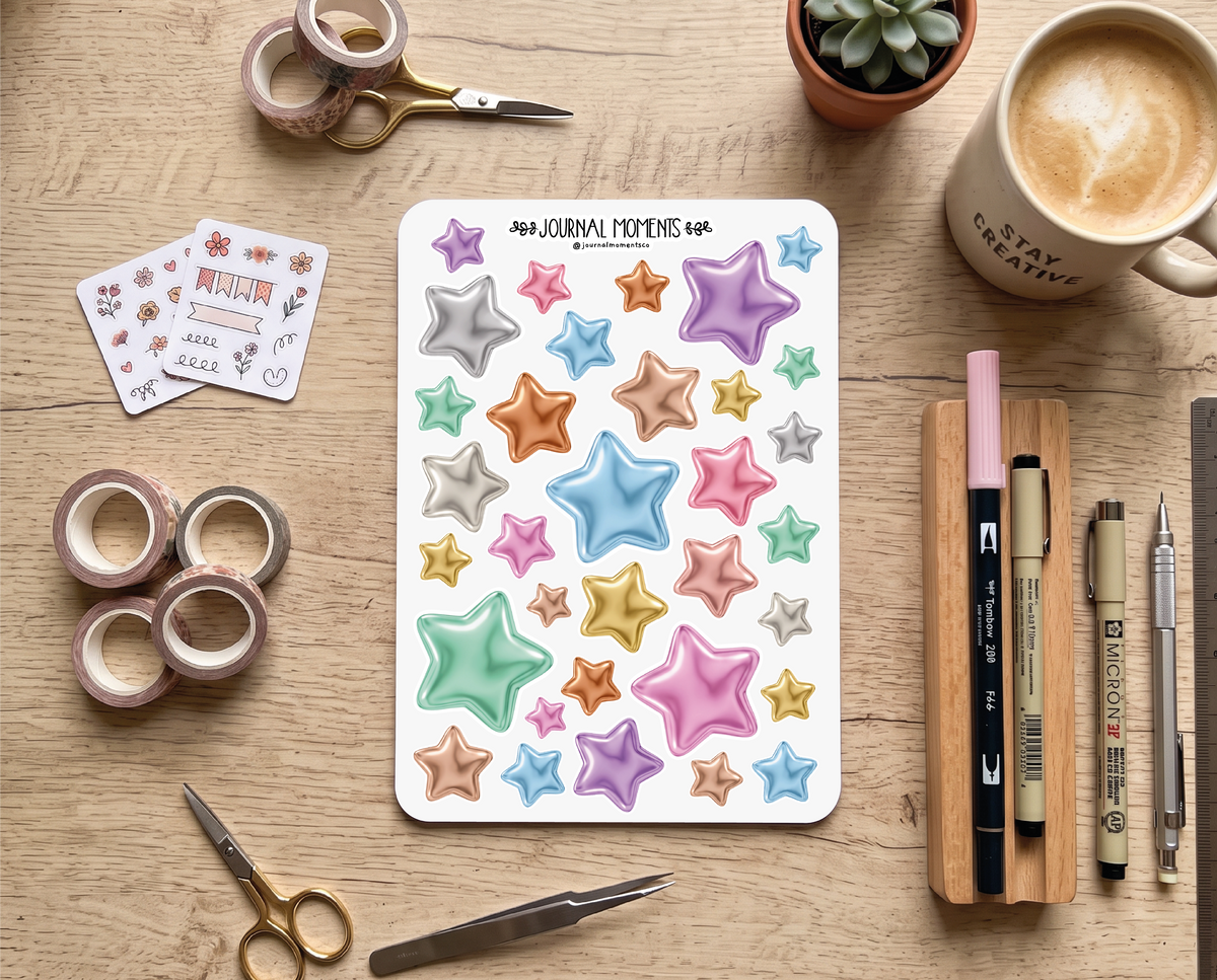 Pegatinas decorativas para diario / Hoja de pegatinas de estrellas iridiscentes para junk journaling, scrapbooking, paneles de visión y estética Y2K.