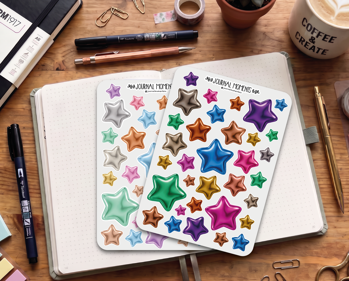 Pegatinas decorativas para diario / Hoja de pegatinas de estrellas iridiscentes para junk journaling, scrapbooking, paneles de visión y estética Y2K.