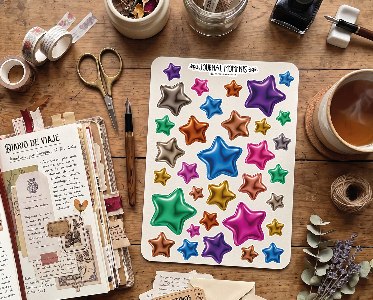 Pegatinas decorativas para diario / Hoja de pegatinas de estrellas iridiscentes para junk journaling, scrapbooking, paneles de visión y estética Y2K.