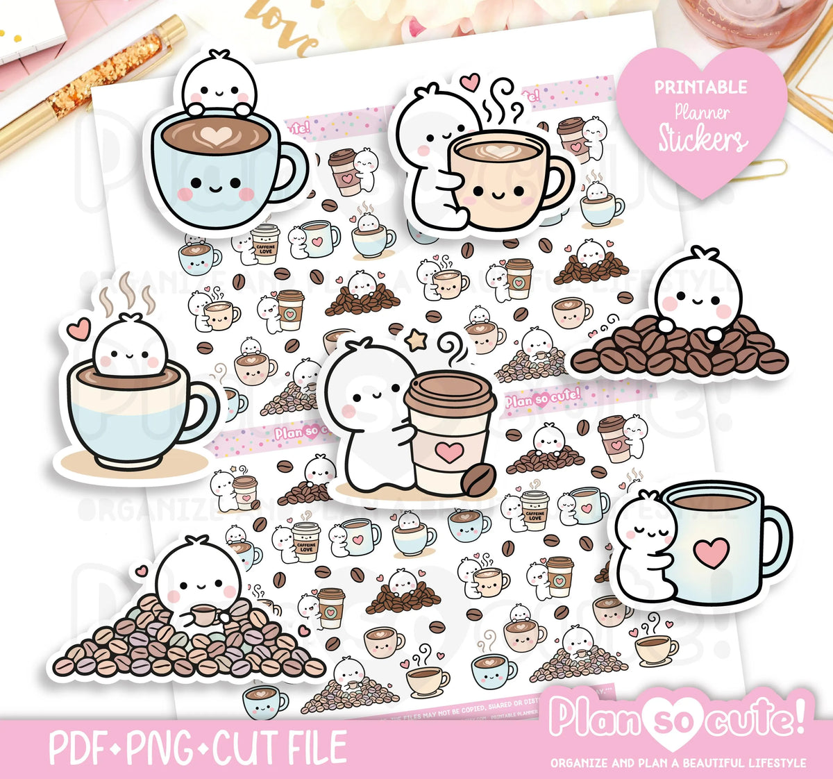 Tiny Puppet Coffee Time — Hoja de Pegatinas Imprimibles | PDF, PNG, Silhouette y Cricut
